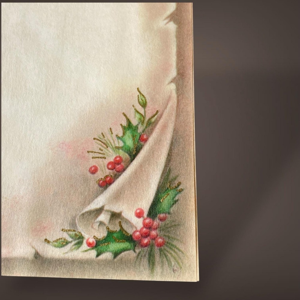 Season's Greetings Christmas Stationery Set OPEN Box 1950s 60s Holly Candle Art - Picture 6 of 10